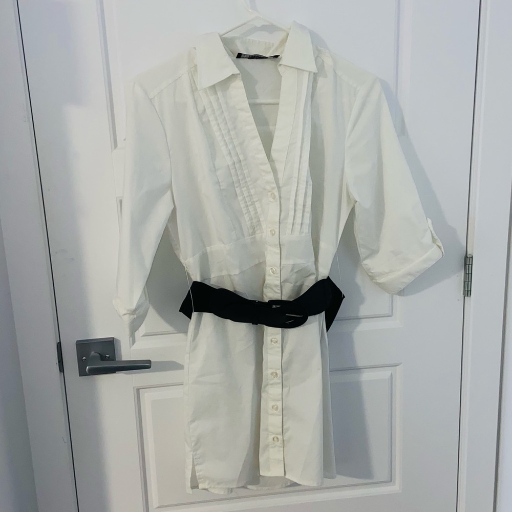 Long White Blouse with Black Belt